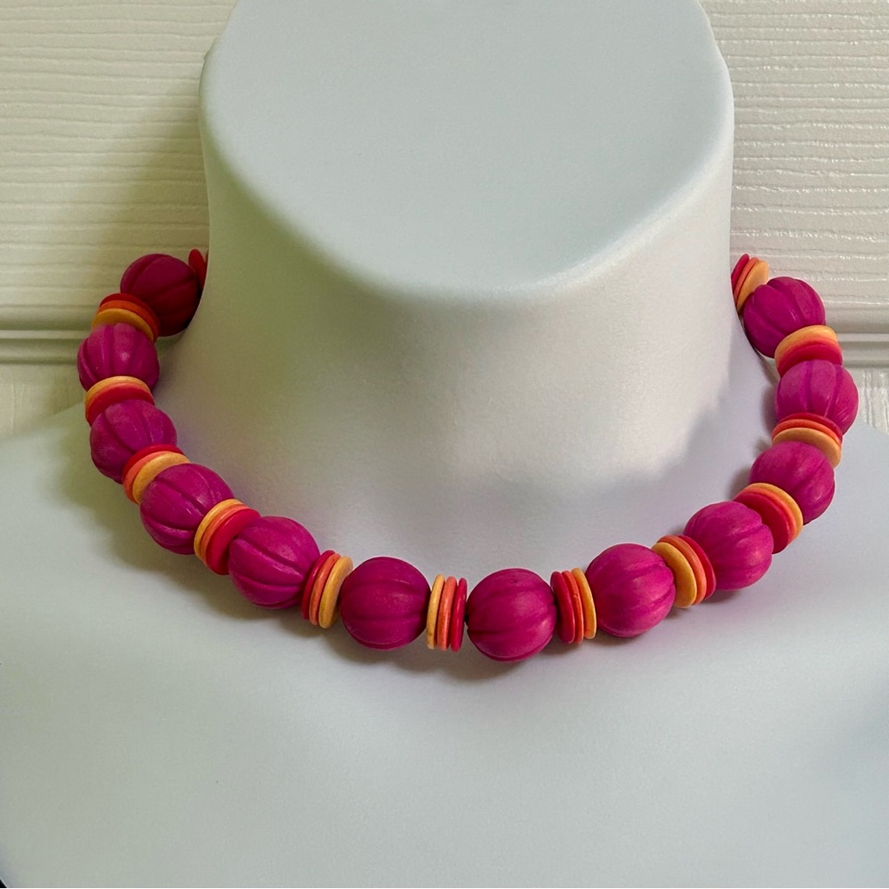 Chic Pink Orange Yellow Beaded Necklace Wooden Round and Flat Party Vacation